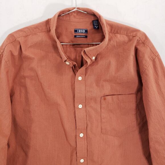 IZOD Shirt Men Extra Large Orange White Pinstripe Premium Essentials Button Down - Picture 2 of 11